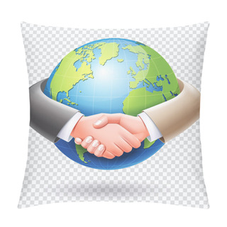 Personality  Business People Handshake Around The World Globe Earth Background. Pillow Covers