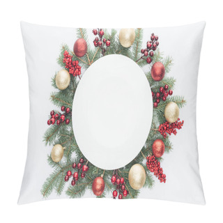 Personality  Top View Of Pine Tree Wreath With Christmas Decorations And Round Blank Space In Middle Isolated On White Pillow Covers