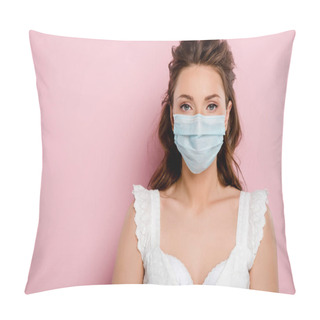 Personality  Young Woman In Medical Mask Standing On Pink Pillow Covers