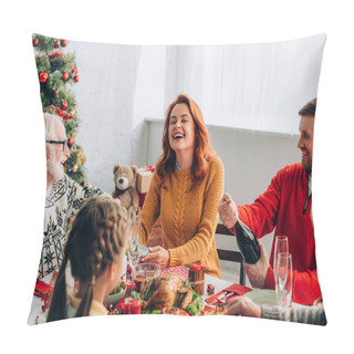 Personality  Selective Focus Of Woman Laughing Near Man Opening Bottle Of Champagne At Home Pillow Covers