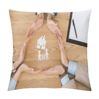 Personality  People Making Circle With Hands On Wooden Table With Paper House And Family Inside, Life Insurance Pillow Covers