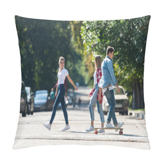 Personality  Side View Of Teen Students Crossing Road Pillow Covers
