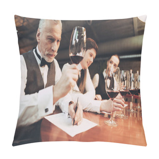 Personality  Confident Sommelier Tasting Wine In Restaurant. Tasting Specialist Makes Notes. Pillow Covers