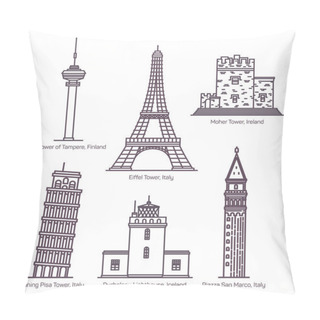 Personality  European Landmarks With Towers In Thin Line Pillow Covers
