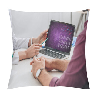 Personality  Partial View Of Doctor Pointing At Laptop Screen With Patient Near By At Workplace In Hospital Pillow Covers