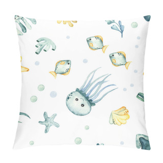 Personality  Underwater Creatures, Jellyfish, Squid, Starfish, Algae, Corals. Watercolor Seamless Pattern Pillow Covers