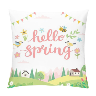 Personality  Hello Spring Card With Lettering And Cute Landscape. Hand Drawn Flat Cartoon. Vector Illustration Pillow Covers