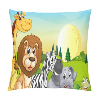 Personality  Animals At The Hilltop With Pine Trees Pillow Covers
