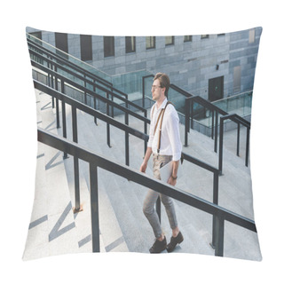 Personality  Handsome Young Man Walking On Stairs With Laptop On City Street Pillow Covers
