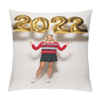 Personality  Full Length View Of Joyful And Stylish Woman With Balloons In Shape Of 2022 On White Pillow Covers