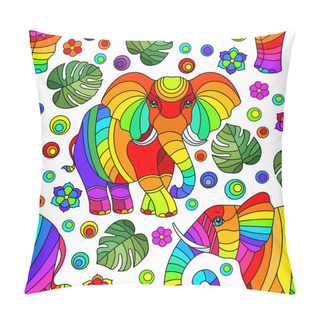 Personality  Seamless Pattern With Elephants, Bright Rainbow Animals, Flowers And Leaves On An White Background Pillow Covers