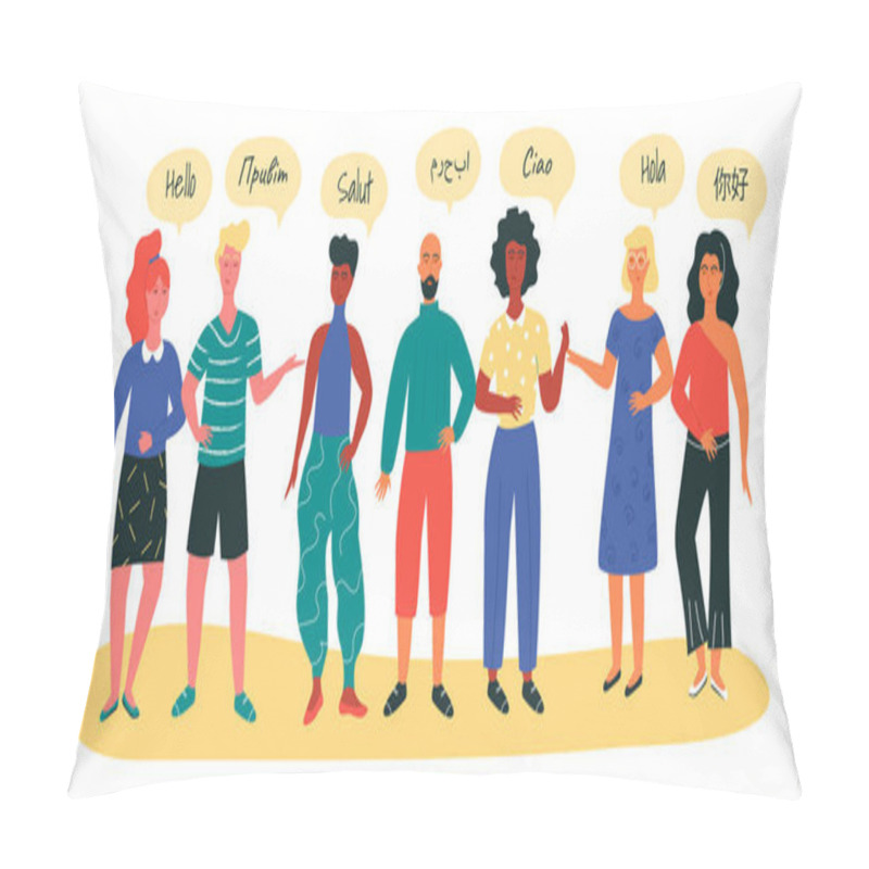 Personality  Multinational groop of people welcome in different languages as a concept of learning languages on special courses. Cultural exchange, communication with a native speaker and humanitarian education pillow covers