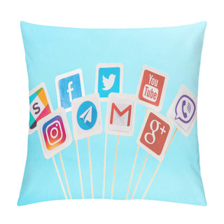 Personality  Top View Of Social Media Icons Isolated On Blue Pillow Covers