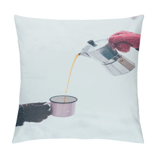Personality  Partial View Of Man Pouring Hot Coffee Into Cup On Winter Day Pillow Covers