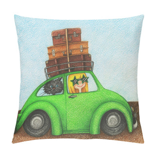 Personality  Girl And Cat, Traveling By Car Pillow Covers