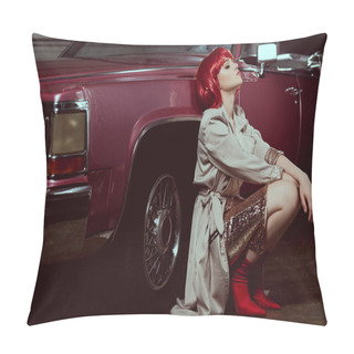 Personality  Beautiful Stylish Young Woman With Closed Eyes Crouching Near Vintage Car   Pillow Covers