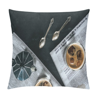 Personality  Flat Lay With Coffee Maker, Spoons, Newspaper And Glasses Of Cold Brewed Coffee On Black Tabletop Pillow Covers