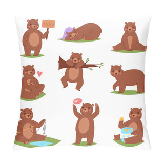 Personality  Bear Vector Set Cartoon Animal Character And Cute Brown Grizzly Eating Honey Illustration Animalistic Set Of Childish Teddybear Playing Or Hugging With She-bear Isolated On White Background Pillow Covers