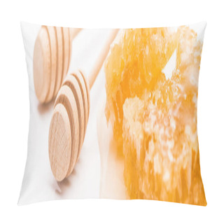 Personality  Panoramic Shot Of Sweet Honeycomb With Honey Near Wooden Honey Dippers On White Background Pillow Covers