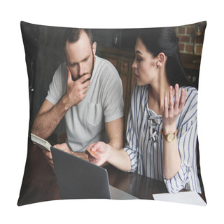 Personality  Stressed Young Couple With Laptop And Calculator Counting Credit Dept Pillow Covers