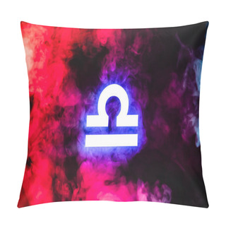 Personality  Blue Illuminated Libra Zodiac Sign With Red Colorful Smoke On Background Pillow Covers