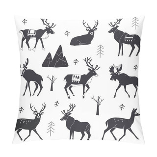 Personality  Set Of Reindeer Silhouettes. Vector Illustration Isolated On A White Background. Forest Animals. Christmas Animals. Illustration Of Elk. Pillow Covers