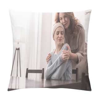 Personality  Mature Woman Hugging And Supporting Sick Smiling Daughter In Kerchief Pillow Covers