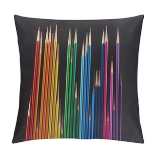 Personality  Panoramic Shot Of Rainbow Spectrum Made With Straight Row Of Color Pencils Isolated On Black Pillow Covers