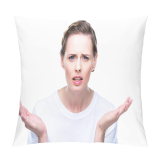 Personality  Confused Woman With Shrug Gesture Pillow Covers