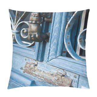 Personality  Closeup Ancient Blue Door With Knocker Pillow Covers