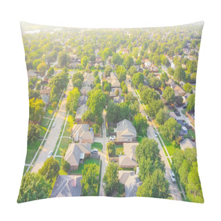 Personality  Drone View Clean And Empty Neighborhood Street With Row Of Single Family Houses Near Dallas, Texas, America. Suburban Home With Bungalow Homes And Large Fenced Backyard In Early Summer Morning Pillow Covers