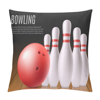 Personality  Bowling Banner Template With White Pins And Red Ball On Wooden Lane. Pillow Covers