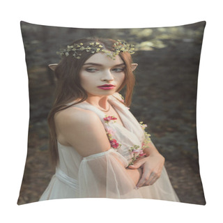 Personality  Beautiful Female Elf In Flower Dress And Wreath Standing With Crossed Arms In Forest Pillow Covers