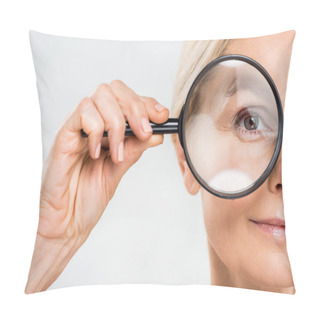 Personality  Selective Focus Of Mature Woman Looking At Camera And Holding Loupe On Grey Background  Pillow Covers
