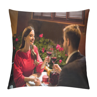 Personality  Happy Girl Clinking Glasses Of Red Wine With Boyfriend Making Marriage Proposal In Restaurant Pillow Covers
