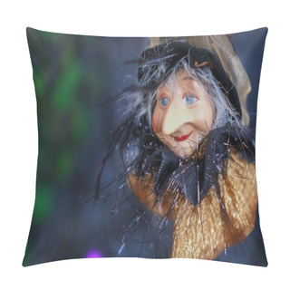 Personality  A Head Of Flying Aged Witch With Kindness Face On A Dark Blurred Background. Concept Of All Hallows Eve. Pillow Covers