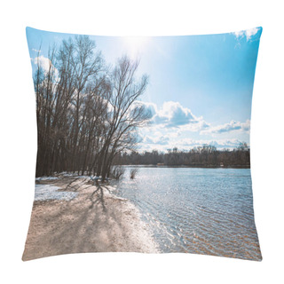 Personality  Landscape On The Banks Of The Dnipro River In The City Of Kyiv In Early Spring. The Trees, The River And The Beach Are Illuminated By The Bright Sun, The Blue Sky Pillow Covers