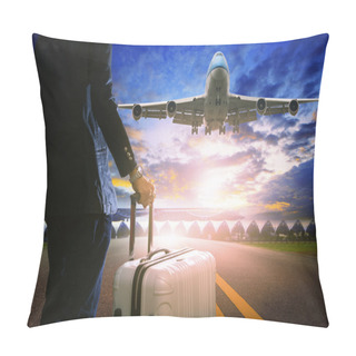 Personality  Business Man And Luggage Standing In Airport And Passenger Jet P Pillow Covers