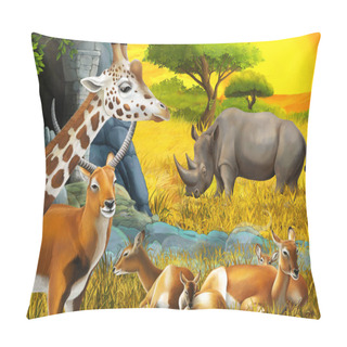 Personality  Cartoon Safari Scene With Antelope Family Rhinoceros Rhino And Giraffes On The Meadow Near The Mountain Illustration For Children Pillow Covers