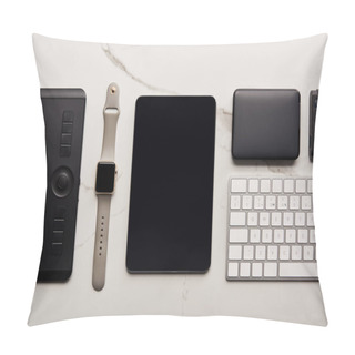 Personality  Flat Lay With Various Wireless Devices On White Marble Surface Pillow Covers