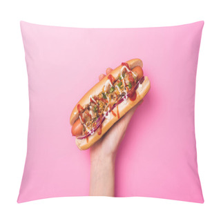 Personality  Partial View Of Woman Holding Yummy Hot Dog In Hand On Pink Pillow Covers