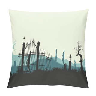 Personality  Black Silhouette Of Zombies On Cemetery Background. Nightmare Landscape With Dead People. Panorama Of Undead Monster And Gravestone. Halloween Pillow Covers