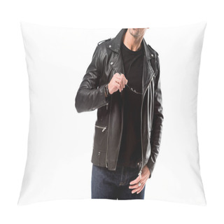 Personality  Partial View Of Man In Leather Jacket Holding Sunglasses Isolated On White Pillow Covers