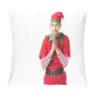 Personality  Smiling Man In Christmas Elf Costume Looking At Camera And Rubbing Hands In Anticipation Isolated On White Pillow Covers