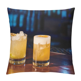 Personality  Elegant Whiskey Sour And Tropical Caipirinha On Bar Counter, Object Photo, Concept Pillow Covers