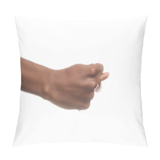 Personality  Partial View Of African American Man Showing Letter T In Deaf And Dumb Language Isolated On White Pillow Covers