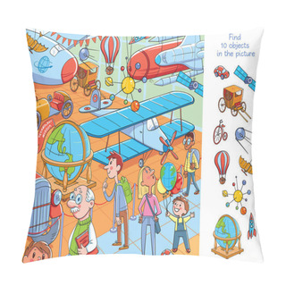 Personality  Museum Of The History Of Transport, Aviation And Technology. Find 10 Objects In The Picture. Puzzle Hidden Items. Funny Cartoon Character. Vector Illustration  Pillow Covers