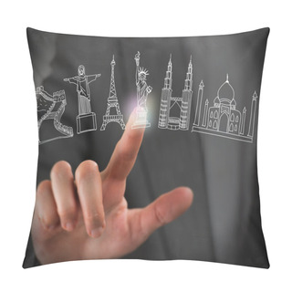 Personality  Closeup Of Female Finger Touching Virtual Symbol Of Famous Touri Pillow Covers