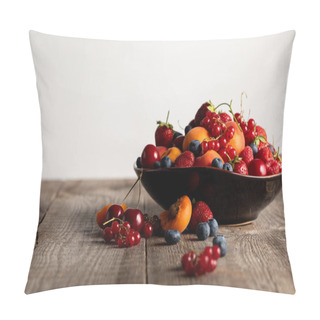 Personality Plate With Fresh Mixed Delicious Berries On Wooden Table Isolated On White Pillow Covers