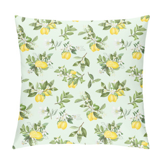 Personality  Seamless Pattern With Hand Drawn Blooming Lemon Tree Branches On A Blue Background Pillow Covers